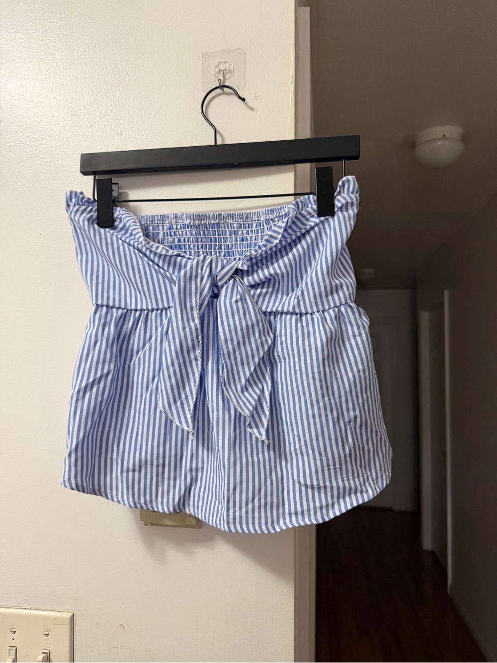 SHEIN Blue and White Striped High Waist Paperbag Shorts with Front Tie